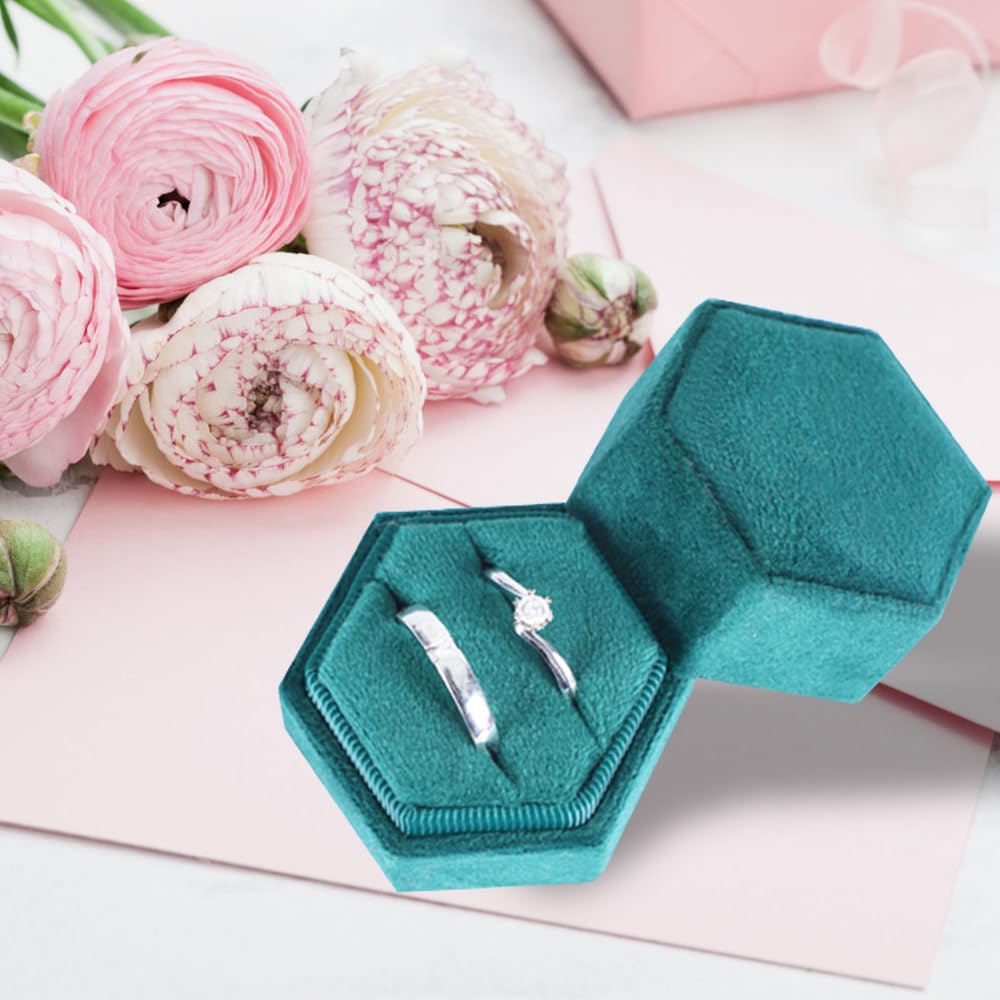 Hexagon Velvet Ring Box With 2 Slots - Blue Ocean Engagement Ring Box For Proposals & Weddings