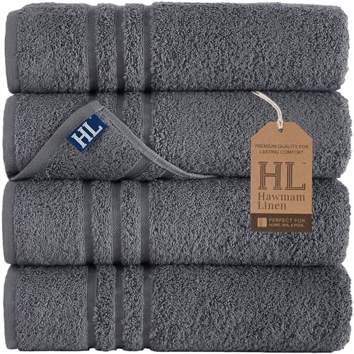 Hawmam Linen Grey Bath Towels Set of 4, Cotton Towel Soft Absorbent Quick Dry Towels for Bathroom 27x54 Inch