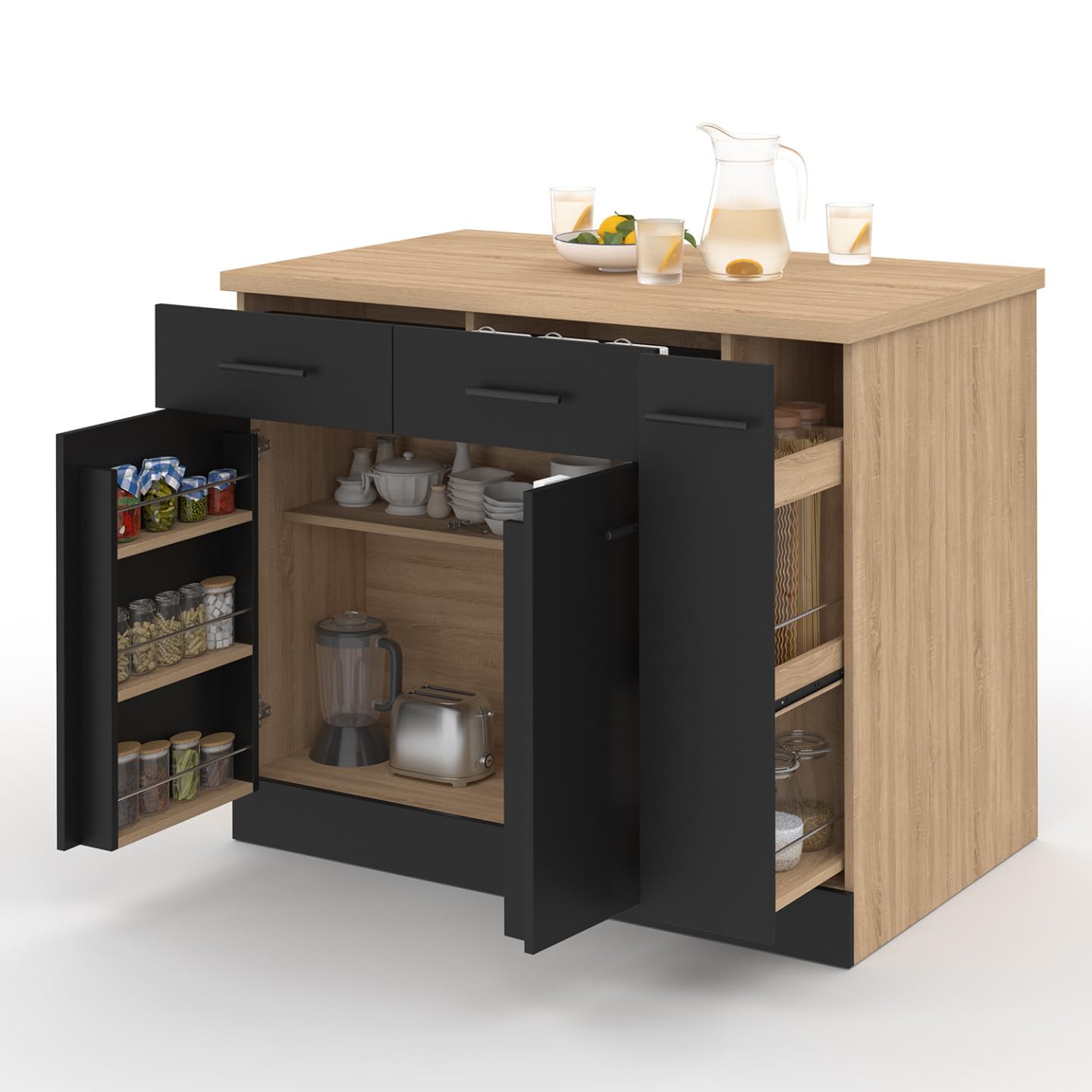 IDMarket - Ilot Central Alto Portes avec rangements, tiroirs, Rangement Coulissant et Plan de Travail façon hêtre et Noir