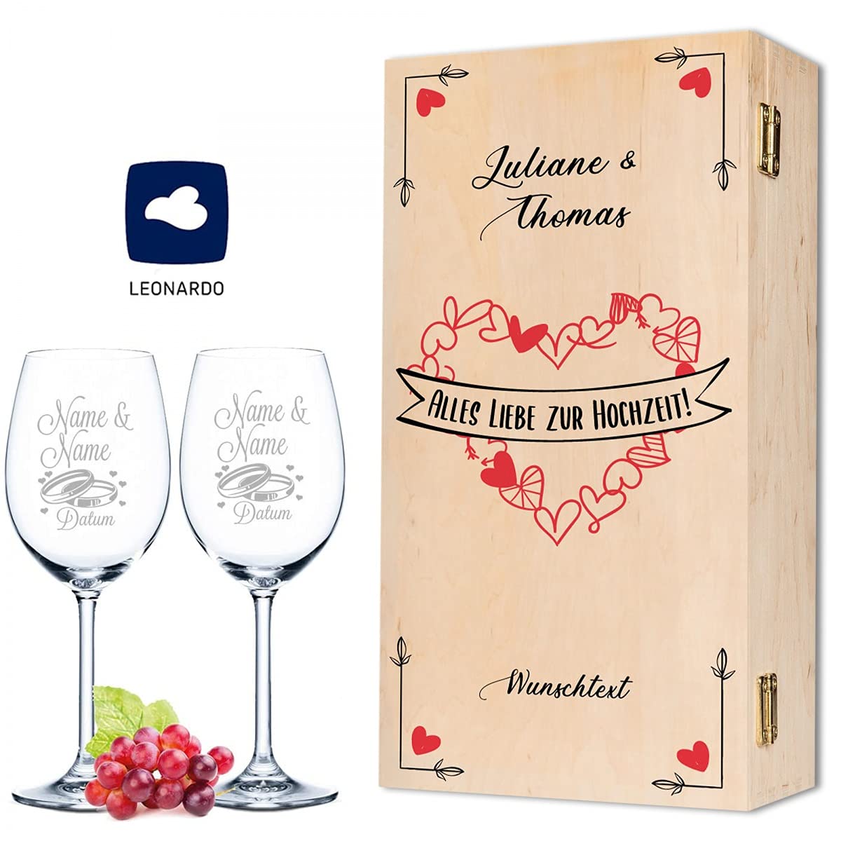 2 bicchieri da vino Leonardo Puccini in scatola di legno vintage idea regalo per matrimonio - Italia