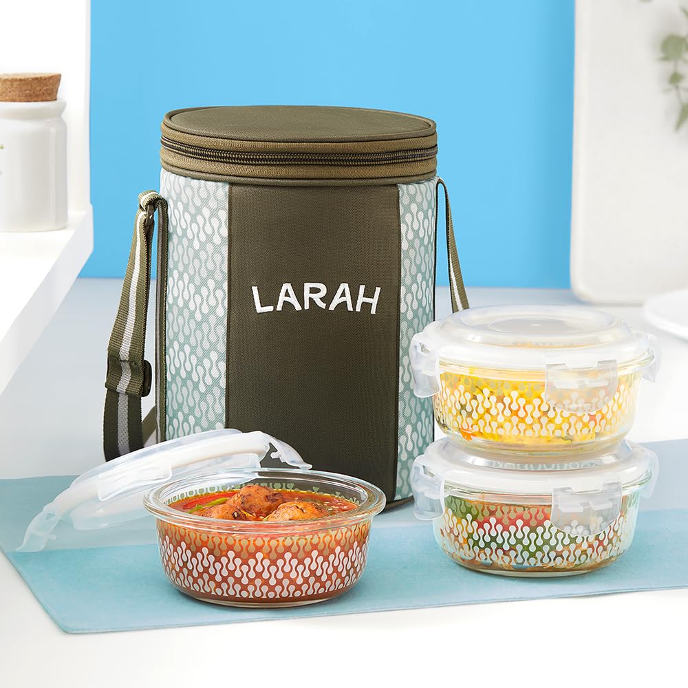 Larah by Borosil Gracia Borosilicate Glass Lunch Box with Bag, 3 Round Containers 400ml Each, Leakproof