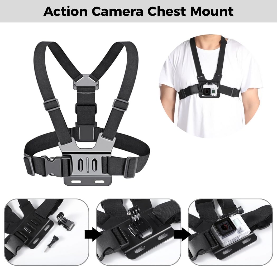 3-in-1 Action Camera Selfie Mount Kit, Brustgurt, Kopfband und Nackenhalter, freihändige Halterung für Video, Vlog und Smartphone, kompatibel mit Hero, Insta360, Xiaomi und weiteren Geräten