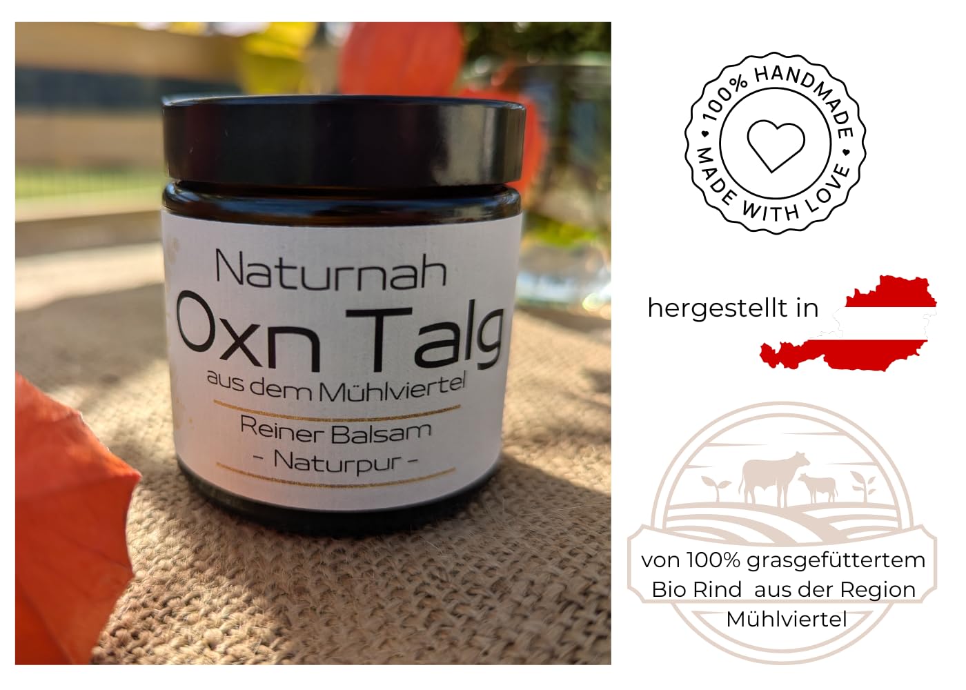 Handgemachte Bio Rindertalg Creme von grasgefütterten Bio Rindern aus Österreich (Region Mühlviertel), natürliche Hautpflege, hilft bei empfindlicher, trockener und rissiger Haut (120 ml), Naturpur