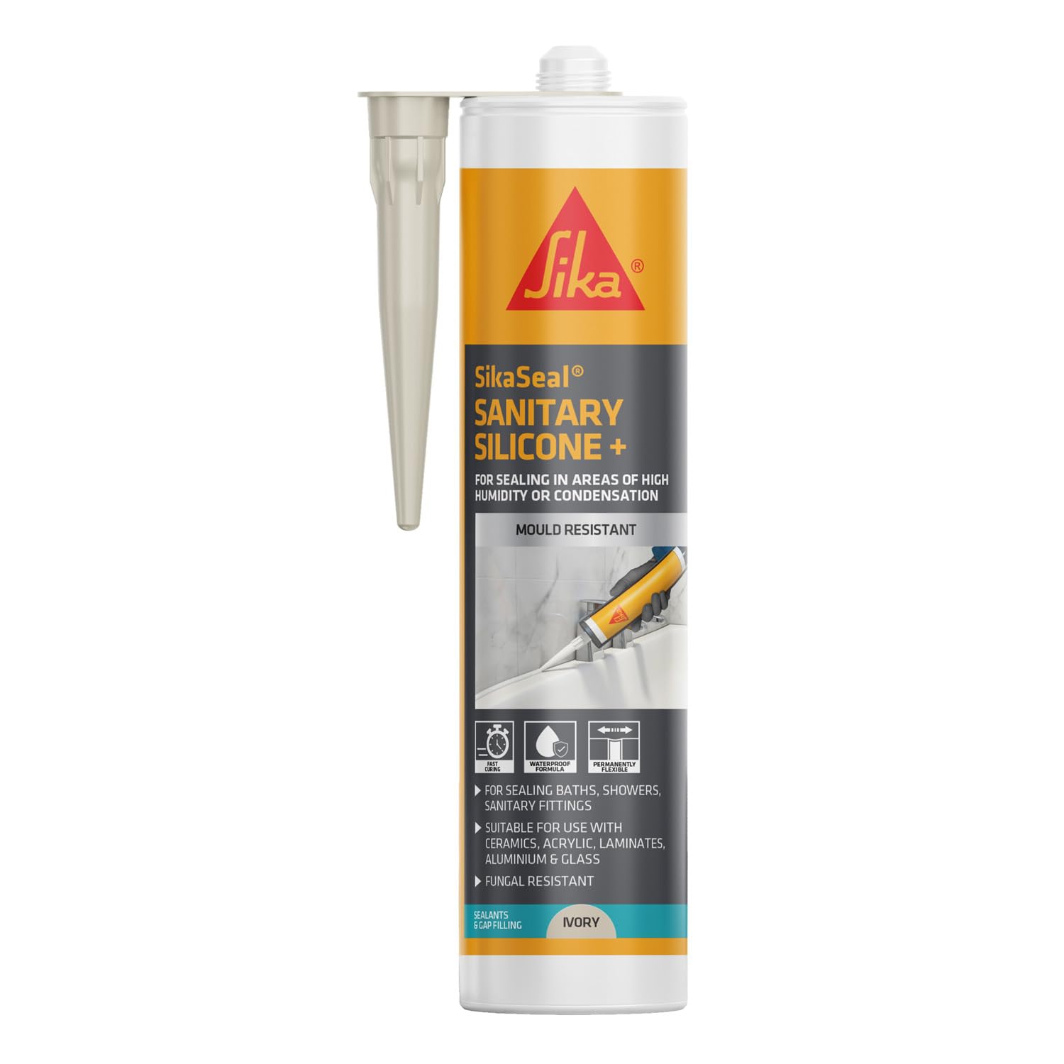 Sika SikaSeal Sanitary Silicone+ Waterproof, Anti-Mould, Ivory, 295ml