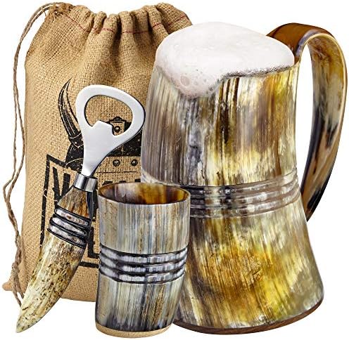 Viking Tradition Ox Horn Mug, Shot Glass, and Bottle Opener (3 Laptop. Set) Genuine 16-oz. Ale, Mead, and Beer Tankard | Classic Stein with Deal with | Customized Intricate Design – Pure End | The Ring