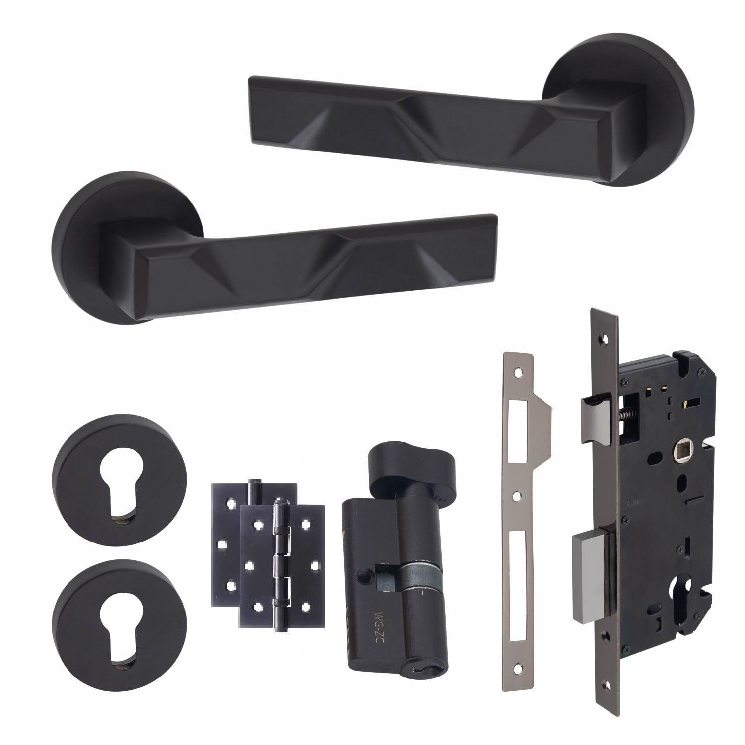 Golden Grace Matt Black Finish Modern Nova Euro Lock Door Handles In With 70Mm Key, Thumbturn Barrell & Ball Bearing Hinges