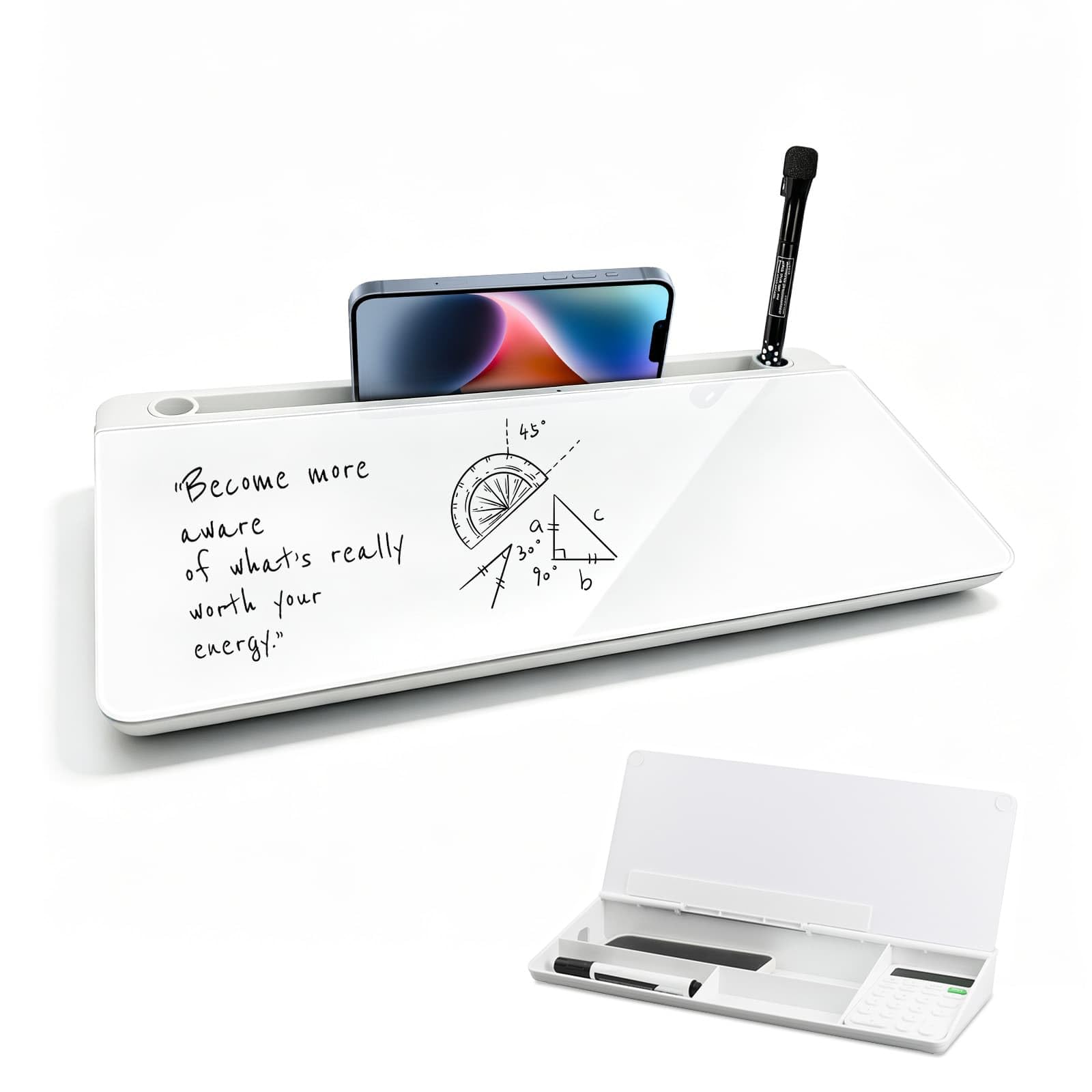 Desk Whiteboard with Storage,39x17.5x5cm Glass Wipe Board with Pen & Eraser