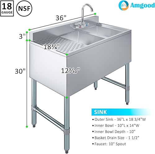 Miniatura 3 de AmGood Fregadero de 2 compartimentos debajo de la barra con escurridor izquierdo de 12 pulgadas y grifo - 36" X 18 3/4". NSF. Fregadero comercial de