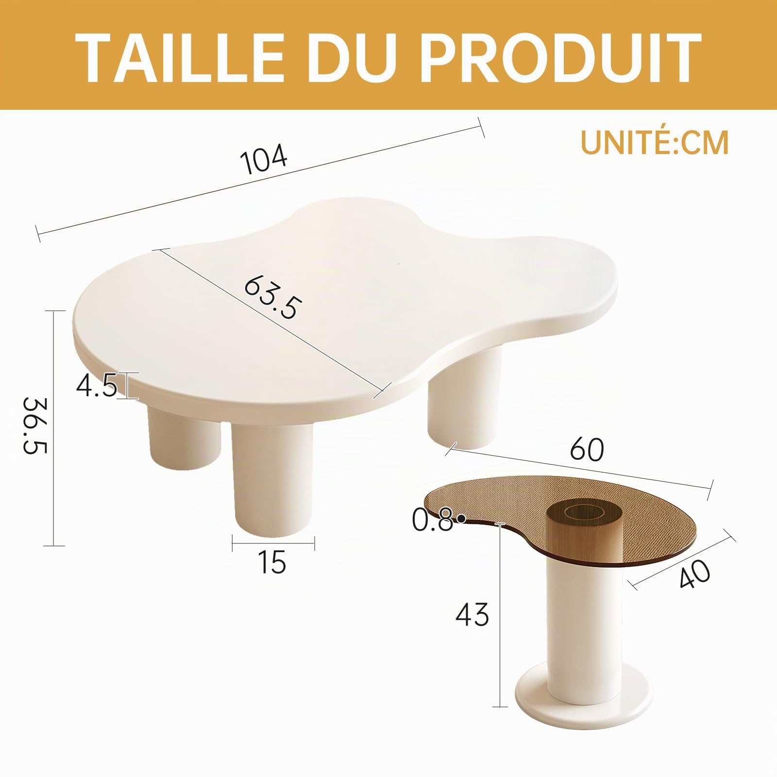 Miuuod Lot de 2 Tables Basses Modernes 2 en 1 de 104 cm, Tables Gigognes de Forme Irrégulière avec Plateau en Verre, pour Salon, Chambre, Bureau, Petits Espaces, Montage Facile, Blanc Crème