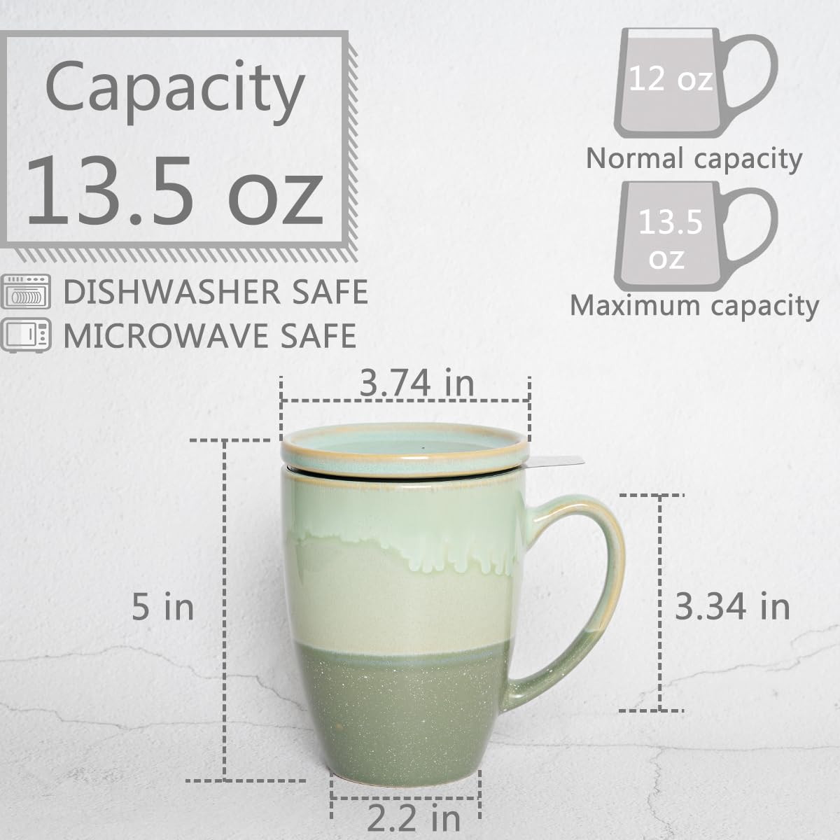 Bosmarlin Tasse à thé en céramique avec infuseur et couvercle, 4 couleurs au choix, passe au micro-ondes et au lave-vaisselle, tasse à thé avec passoire, glaçage réactif (vert)