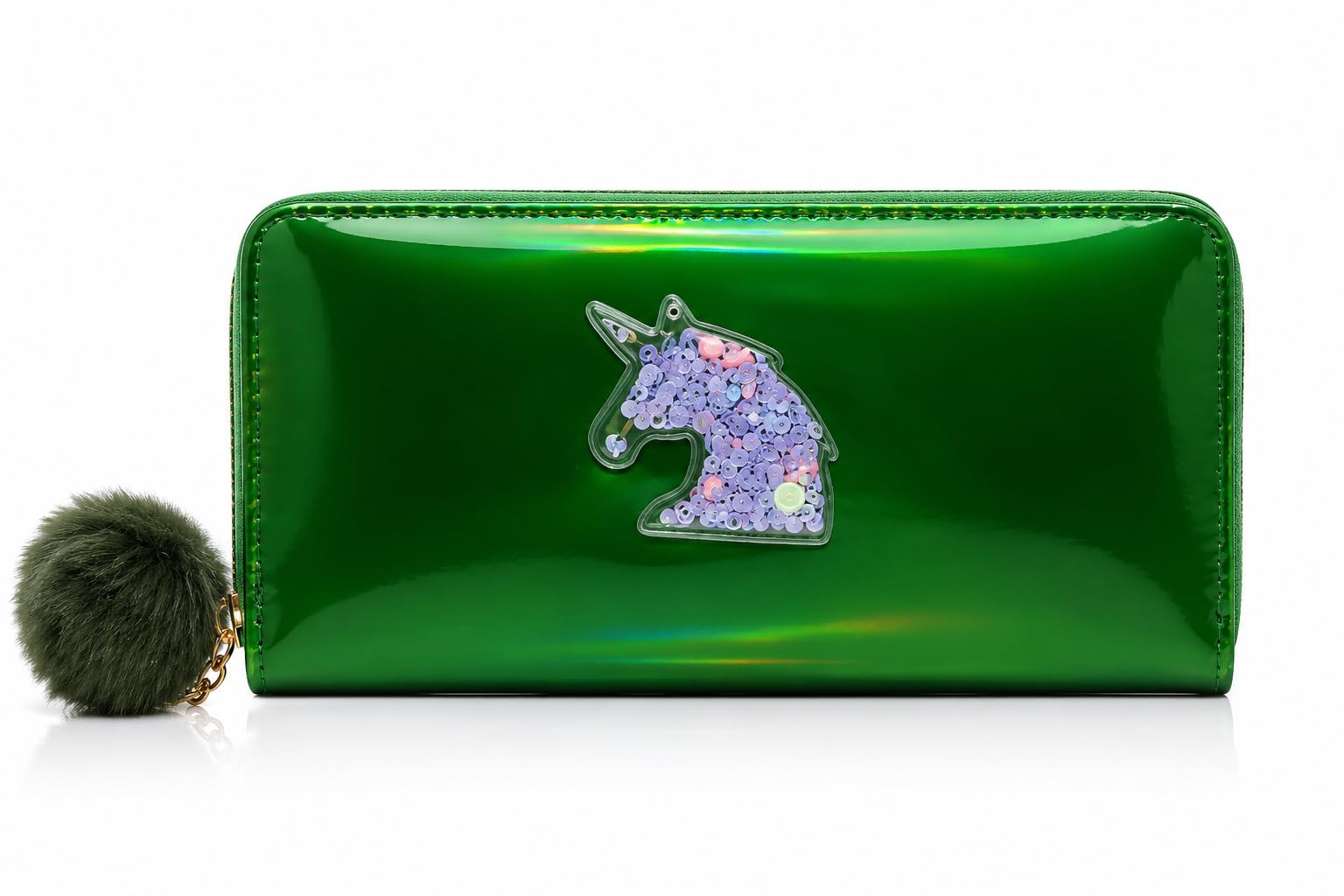 Holographic Green Hand Purse with Sequin Unicorn Emblem, Zip-Around Wallet with Pom Pom Charm-picture-33