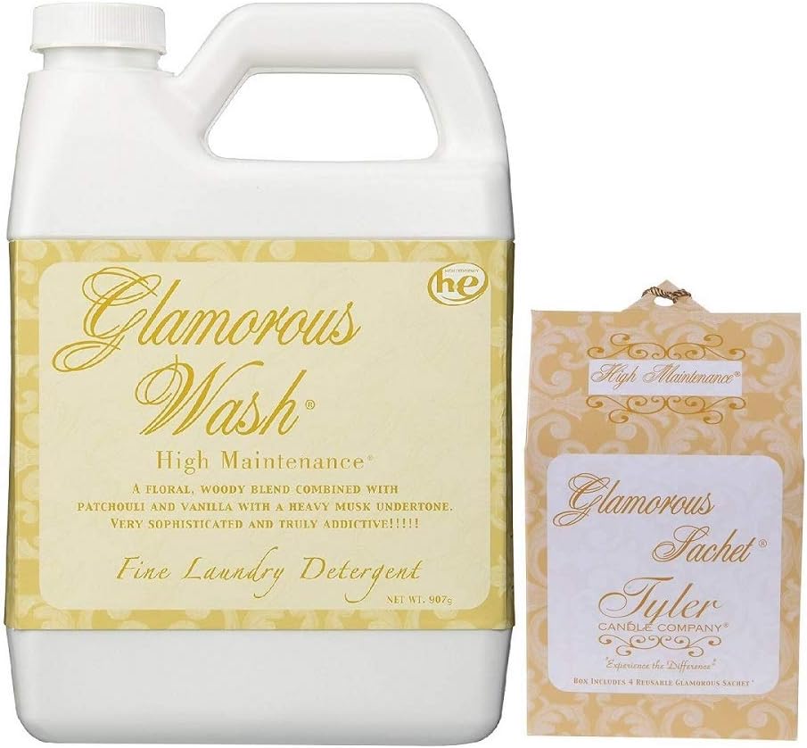 Tyler Candle Company Wash High Maintenance Liquid Laundry Detergent 32oz w/High Maintenance Sachets Bundle