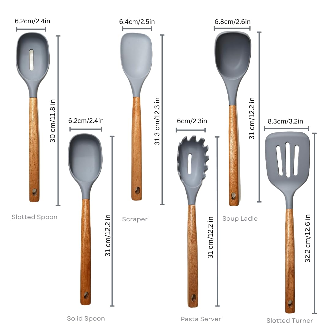 Premium Silikon Küchenhelfer Set - 7-teiliges Kochutensilien mit Akazienholzgriffen und Bambushalter, antihaftbeschichtet, hitzebeständig, BPA-frei, elegantes Küchengeschenk (Grau -7 Stück)