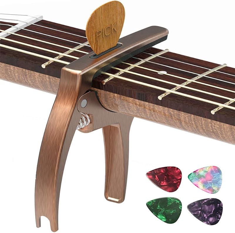 Cejilla de guitarra 3 en 1 Cejilla de metal para accesorios de guitarra acústica y eléctrica | con bolsa y 4 púas, ukelele, mandolina, banjo, accesorios de cuerdas