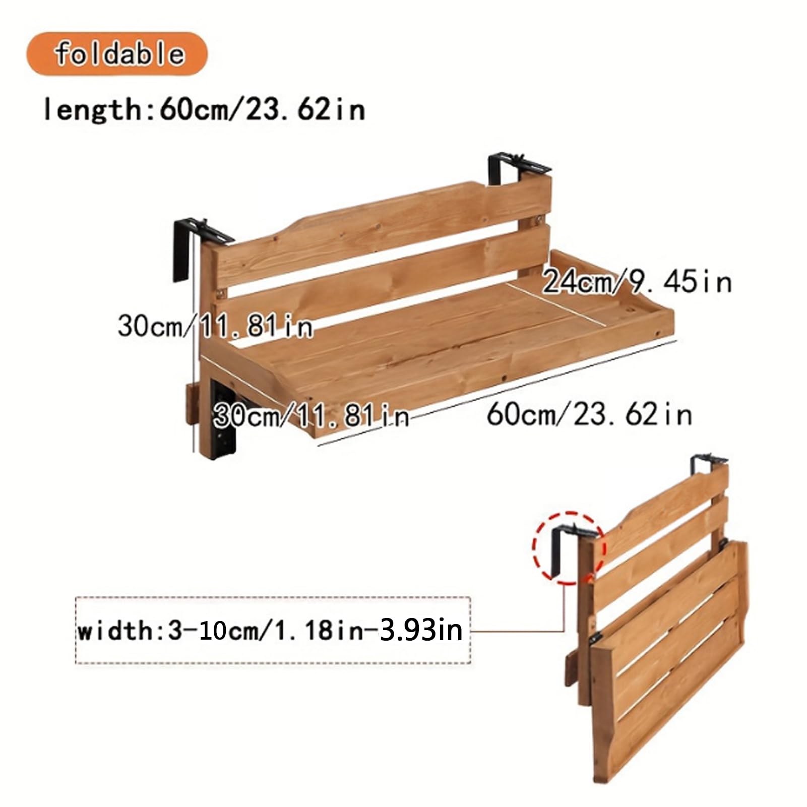 Tavolino Da Ringhiera Balcone Pieghevole Legno, Tavolino Da Balcone Pieghevole Spessore Ringhiera Da 3-10 Cm Estensione a Parete Sospeso per Giardino Con Patio (Wood, 60cm)