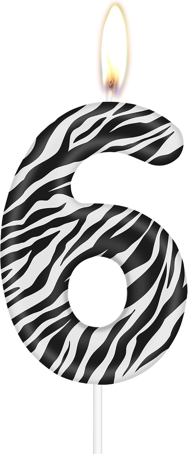 Zebra Birthday Candles Number 6,Black White Stripes Candle,Safari Jungle Wild Animals Cake Toppers Wild Animal 6th Cake Decorations for Baby Shower Safari Jungle Theme Party Supplies