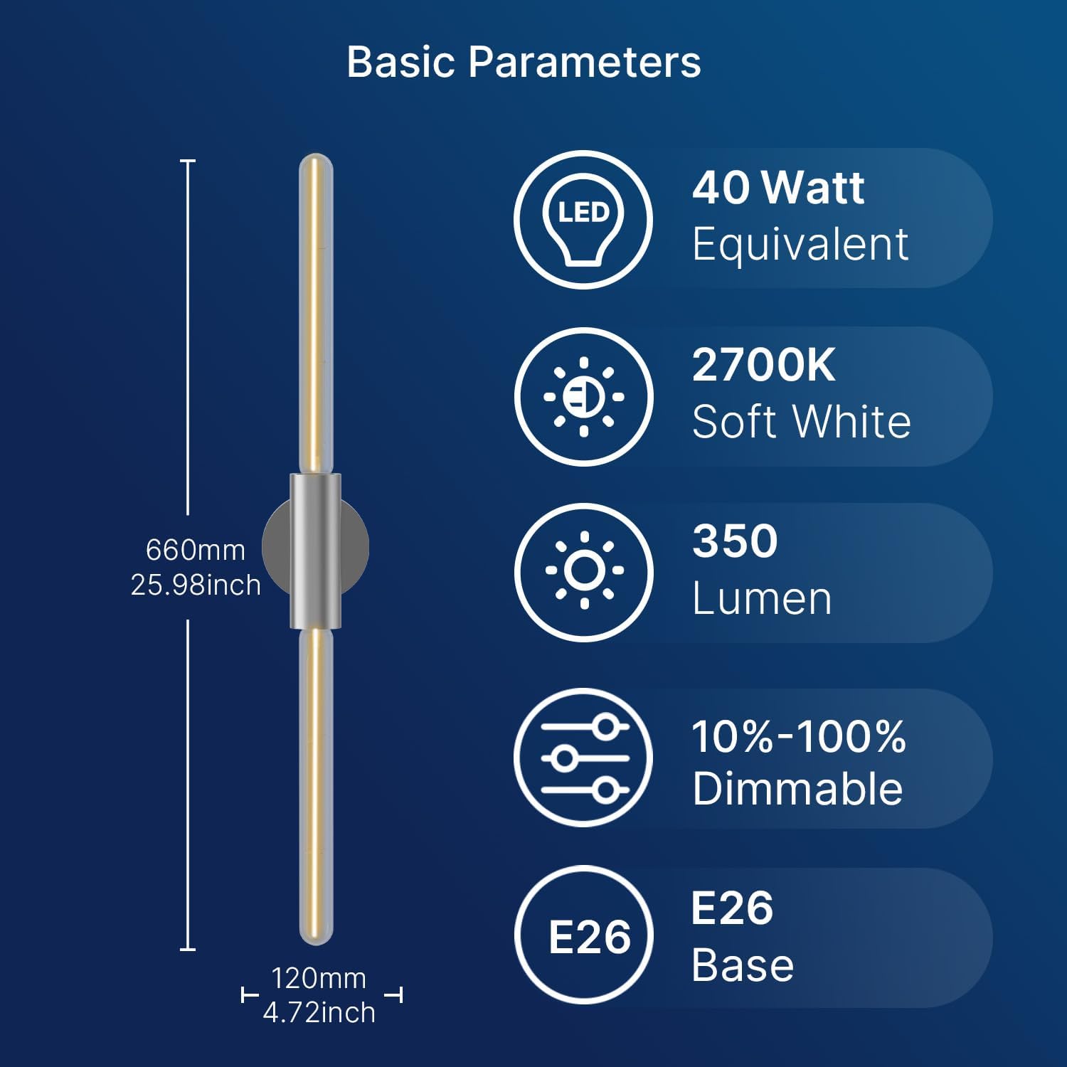 FLSNT Polished Nickel 2-Light Wall Sconce with Clear T30 Edison LED Bulbs, Dimmable E26 Standing Lamp, 2700K Soft White, 90CRI, 350LM, Industrial Wall Light for Living Room, Bedroom, Office