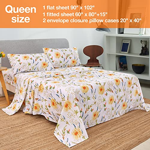 Image of JSD Boho Floral Printed Queen Sheet Set Extra Deep Pocket | 4 Piece Soft Botanical Microfiber Sheets, OEKO-TEX Certified, Easy Care