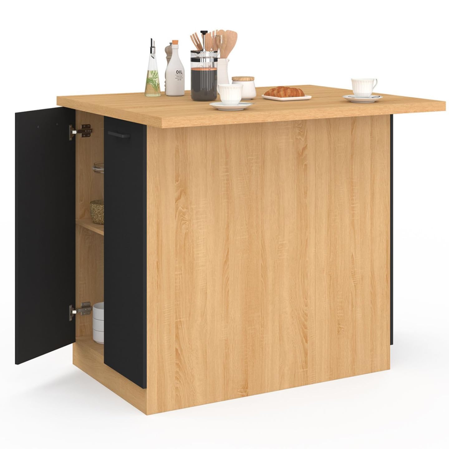 IDMarket - Ilot Central IVO 100 cm Bois façon hêtre Portes Noires avec Plan de Travail