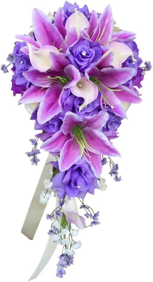 Angel Isabella Cascade Wedding Bouquet - Lavender Ivory Artificial Rose, Lilies with Real Touch Artificial Calla Lily
