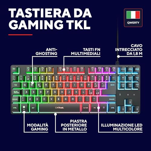 GX 833 Thado Tastiera Gaming TKL Italiano QWERTY, Design Compatto più Piccolo del 20%, Cavo USB 1,8 m, Anti-Ghosting, LED Keyboard USB a Membrana per PC Laptop, Nero - Tastiera gaming - Immagine 1