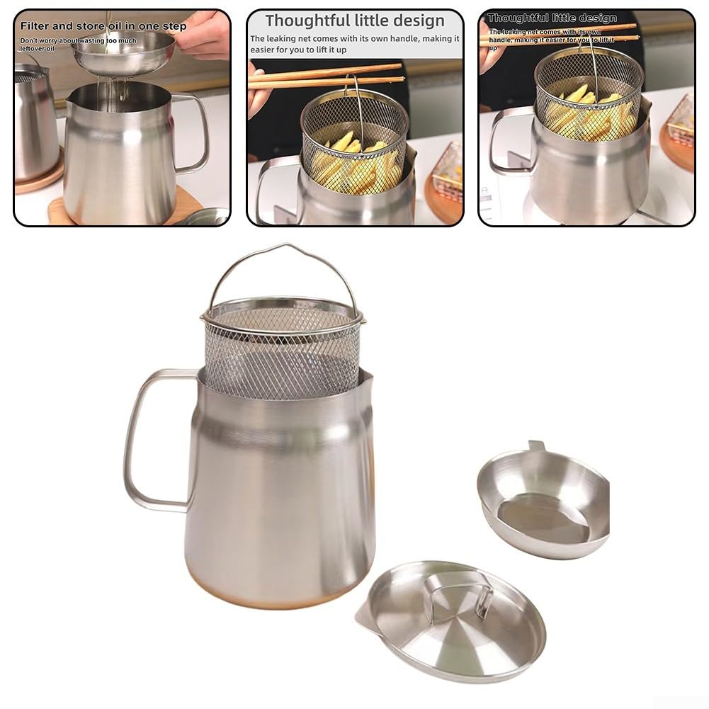 Contenitore per Olio, in Acciaio 304, con Filtro per Olio, Piccola Padella con Rete per friggere per casa e Cucina (2 L)
