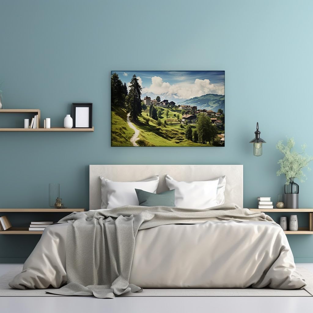 Canvas for Living room. Alpine Serenity in a Swiss Town Where Green Hills Embrace Quaint Charm, 27 x 18 inch Canvas Wall Art - Ready to Hang