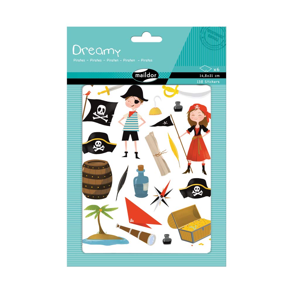 Maildor - Ref AE136O - Dreamy Decorative Stickers (Pack of 6 Sheets) - Pirates & Plunder Designs - 14.8 x 21cm, Approximately 138 Stickers Per Pack, Repositionable