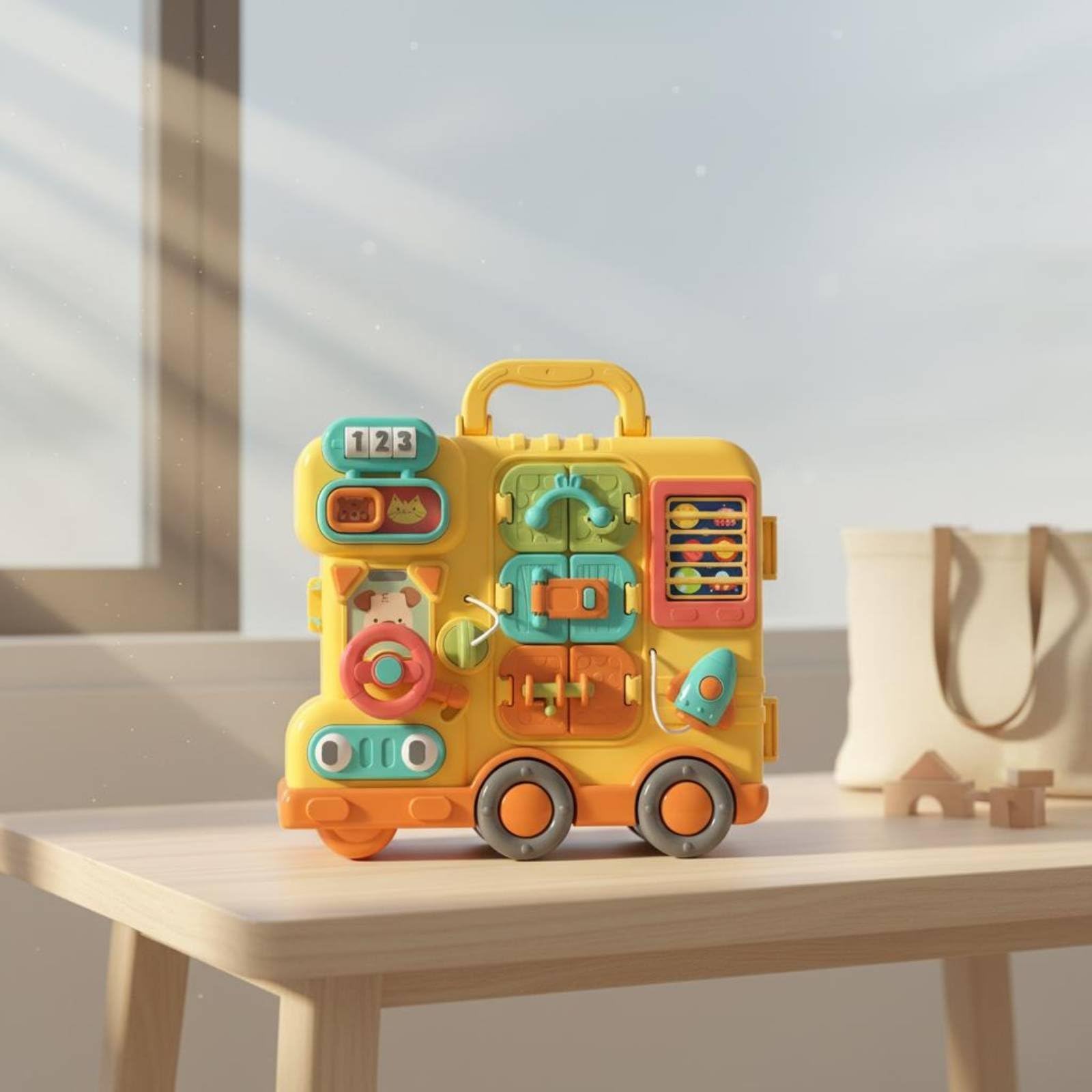 Tablero Tablero Sensorial Tablero de Actividades Tablero Ocupado con Puertas Números y Volante para Coordinación Bus de Actividades Plástico Adecuado, Versión con Pilas En Caja De Regalo