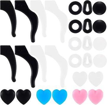 14Pairs Cute Glasses Ear Grips, Non-Slip Silicone Retainers for Eyewear in Heart, Ring, Drop Shapes, Comfortable Hooks to Stop Glasses Sliding Pink, Blue, Black, Clear
