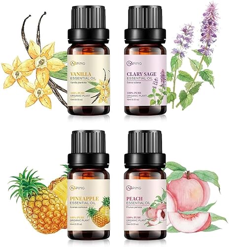 Miniatura 8 de Juego de aceites esenciales de vainilla, piña, melocotón, salvia clara, 4 x 0.3 fl oz de aceite vegetal orgánico 100% puro para difusor,