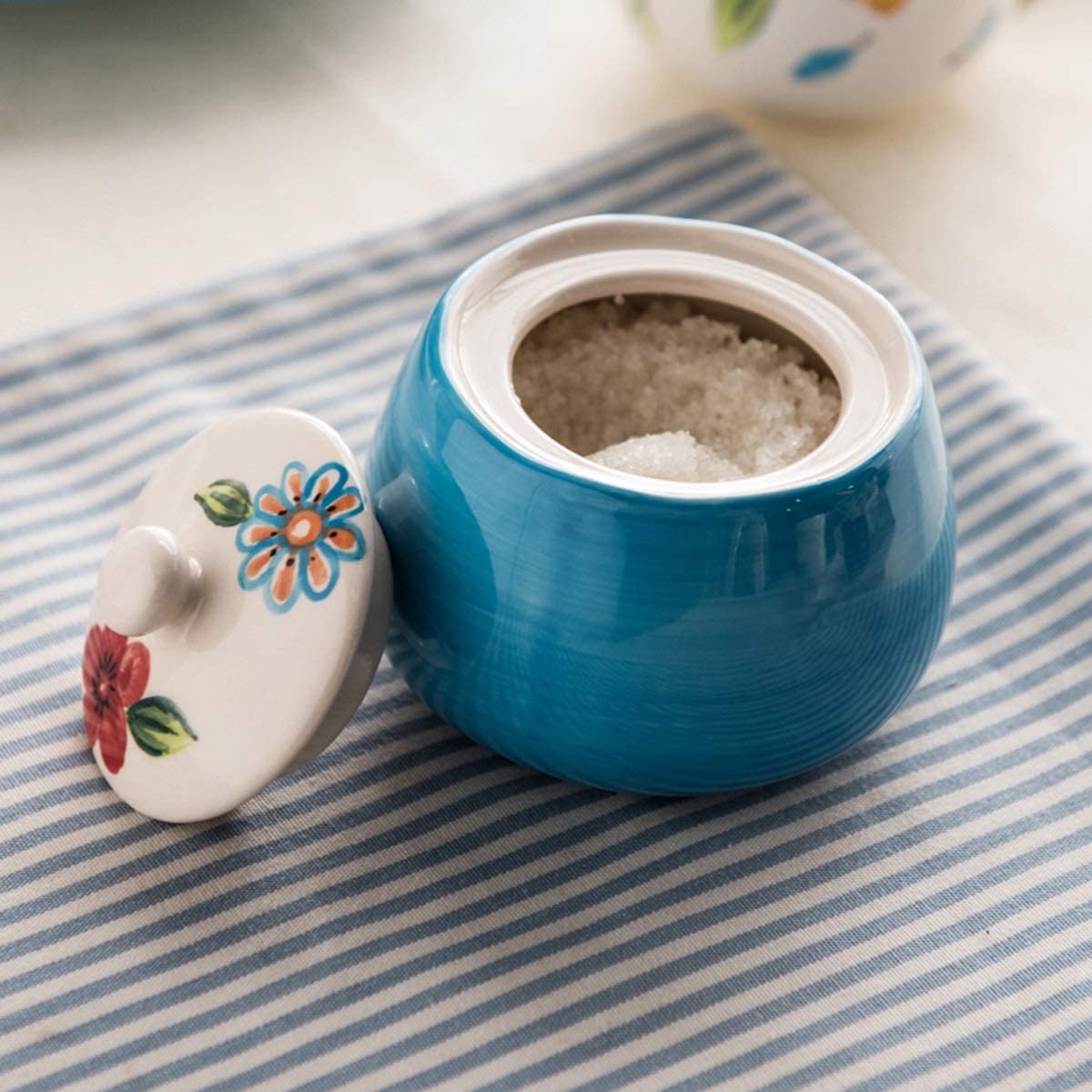 Sucrier en Céramique Bleue Rétro avec Couvercle, Pot De Stockage De Sel Et De Poivre en Porcelaine