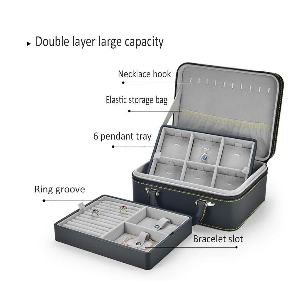 Joyeros de regalo para mujer, cajas de joyería de cuero, organizador de joyas portátil, 2 capas, gran capacidad, para anillos, collares, aretes, regalos de Año Nuevo negro