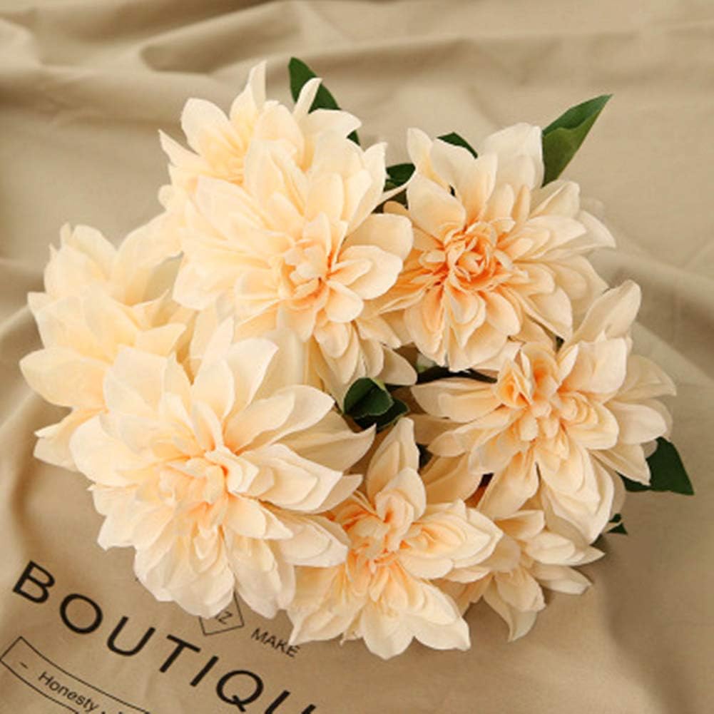 10 Heads Dahlia Fake Flowers Artificial Dahlia Flowers Faux Flowers for Home Wedding Party Office Supplies (Champagne)