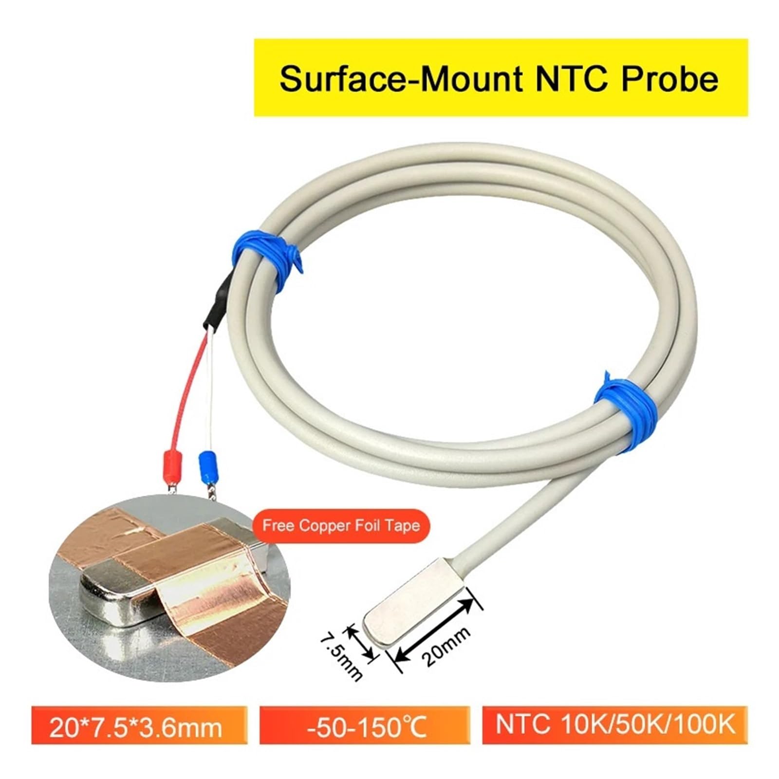 Sensore di Temperatura, sonda a termistore NTC Adesivo Superficiale misurazione Industriale su Superficie Piana 10K/50K/100K(Ntc50k 0.5 M)
