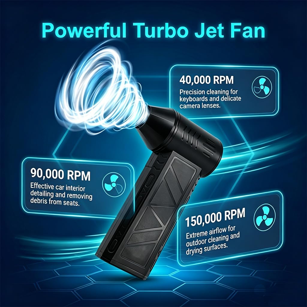 Soplador de Aire Comprimido Eléctrico 150000RPM, Air Duster Potente para Limpieza PC y Teclado 4 Velocidades Ajustables Reutilizable Plumero de Aire Inalámbrico con Luz LED para Coche Hogar