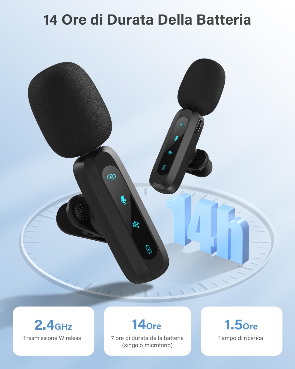 Microfono Lavalier Wireless per iPhone, iPad, Telefoni Android, Microfono Wireless con Riduzione del Rumore, Accoppiamento Automatico, Mute e Riverbero per Vlogging e Registrazione Video