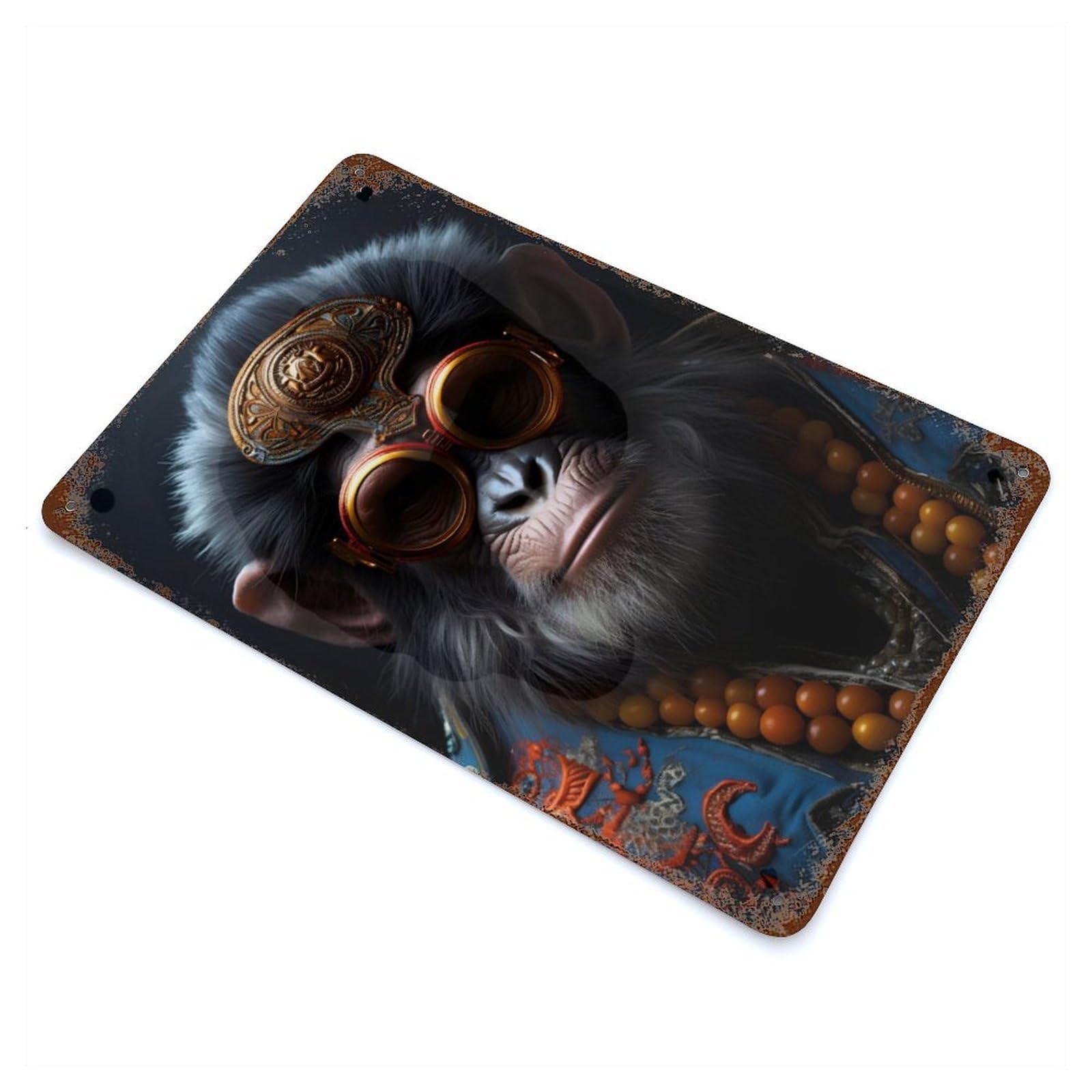 Rust Effect Tin Sign with Steampunk Ape Monkey Design 11.8"x7.9", for Pub, Kitchen And Man Cave Decor, Industrial Home Decor