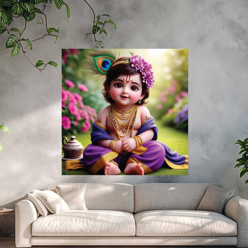 Image of British Terminal Cute little Bal Gopal Baby God Krishna| Kanha Ji | Laddu Lord Makhan Chor Painting Religious Poster for Pregnant Women for wall (matt thin vinyl,sticker,multicolor,unframed)| bj210