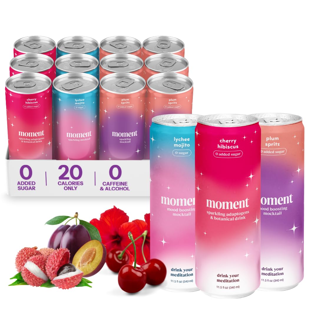 Moment Mocktails Non Alcoholic Drinks (Shark Tank) | SPARKLING Classics Adaptogen Drink | L-Theanine & Ashwagandha for Calm & Clarity | 0 Added Sugar 0 Caffeine | 12-pack