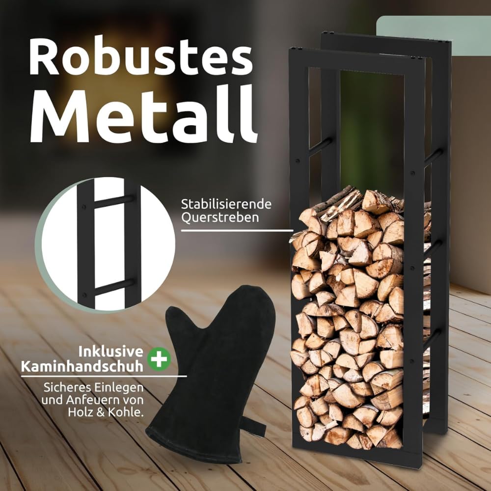 DELUKE Kaminholzregal innen Metall KEOP | Schwarz | 40x25x100cm | Brennholzregal Inkl. Ofenhandschuh | Feuerholzregal Kaminholzhalter Holzständer Holzhalter Holzlager