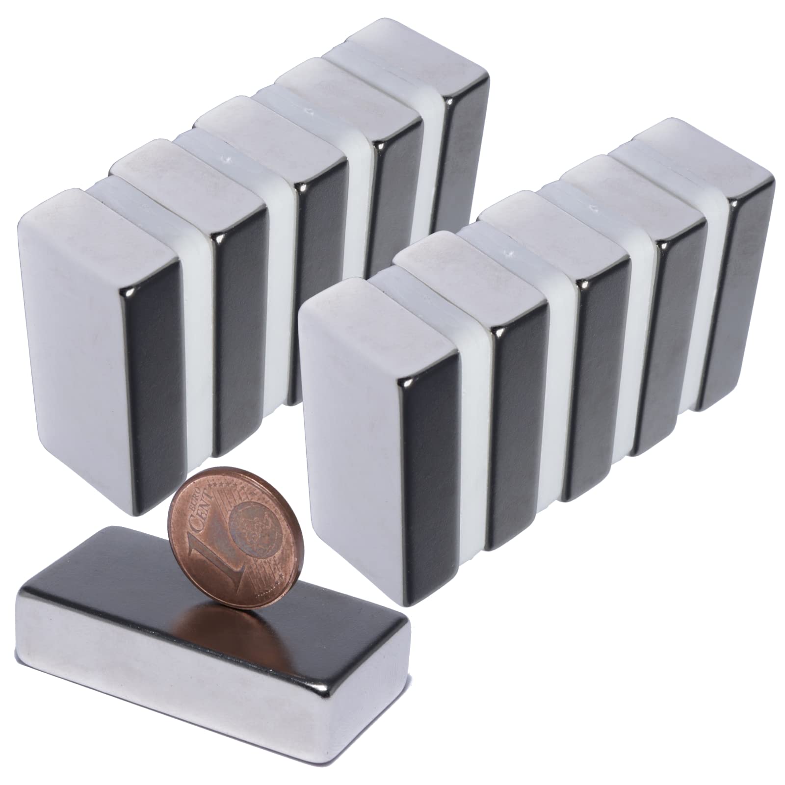 Imanes de neodimio, extrafuertes, cuadrados, 40 x 20 x 10 mm, 25 kg, imán de neodimio, 40 x 20 x 10 mm, N52, 10 Stück