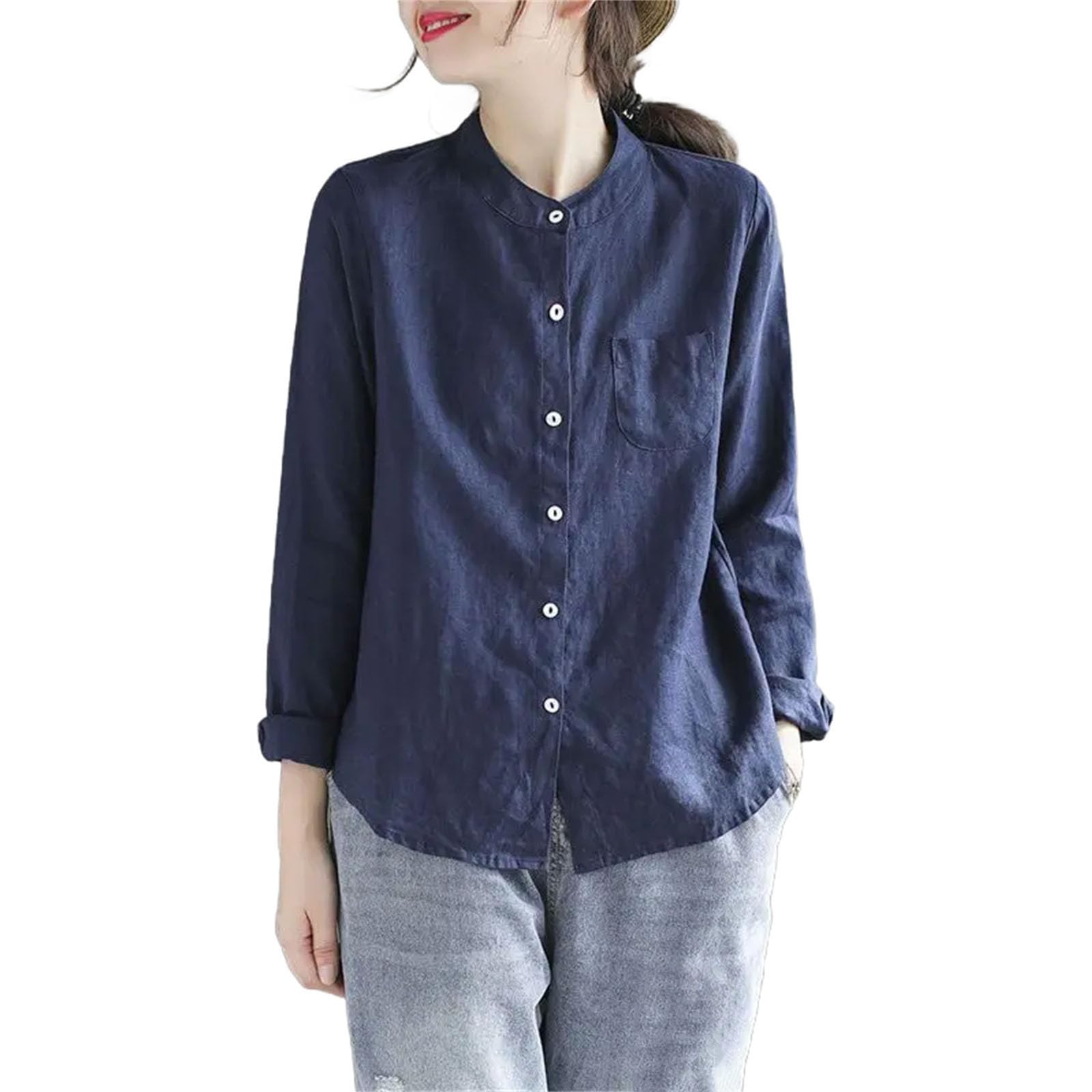 Camisa de manga larga con cuello alto para mujer, estilo informal, cómoda, de algodón, cáñamo, para primavera, para todo tipo de camisetas