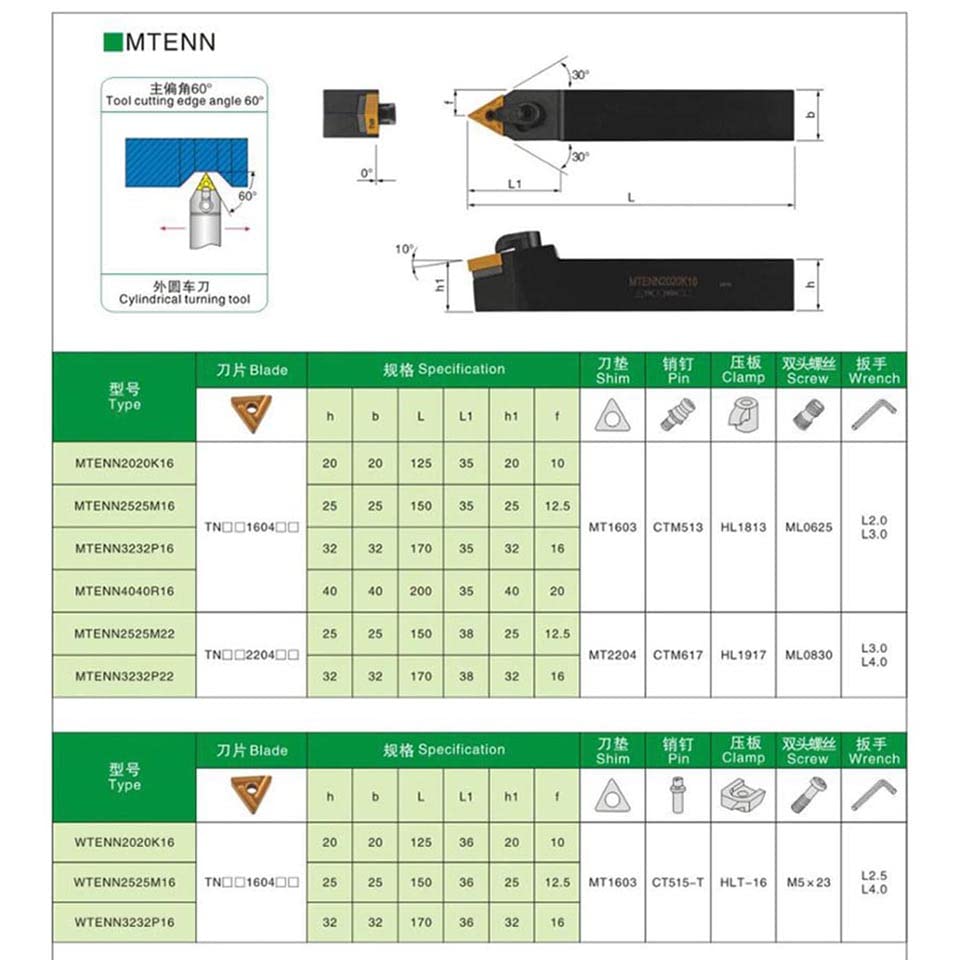 1pc MTENN2020K16 MTENN1616H16 MTENN2525M16 Cylindrical Turning Tool Holder for TNMG16 Carbide Inserts MTENN Lathe Cutting Tool(MTENN1616H16)