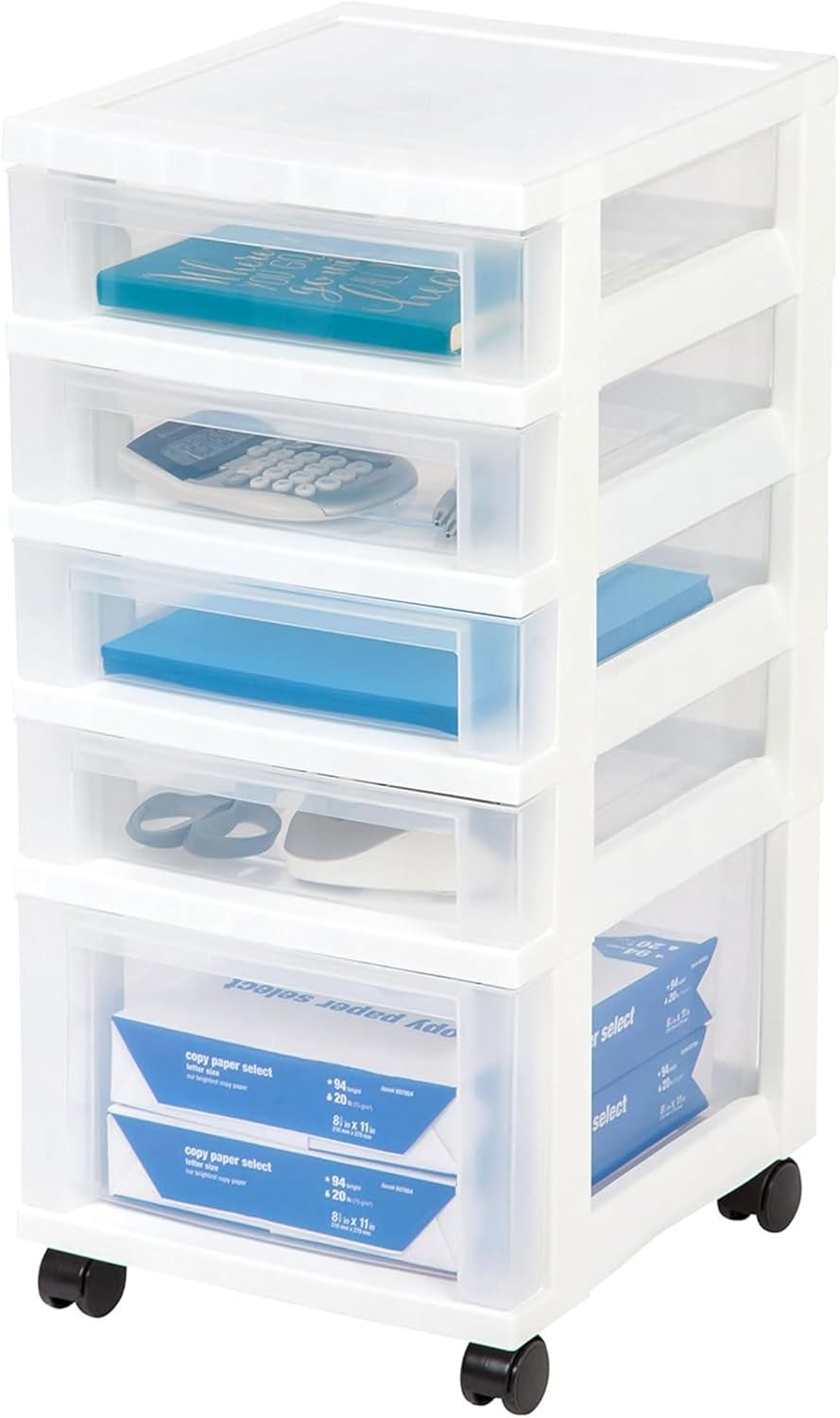 IRIS USA Plastic Drawer Storage Organizer Rolling Cart, 2-Pack, with Wheels Casters, 3-Drawers, for Classroom Art Craft Supplies Dresser Closet Bathroom Laundry Room, White/Clear