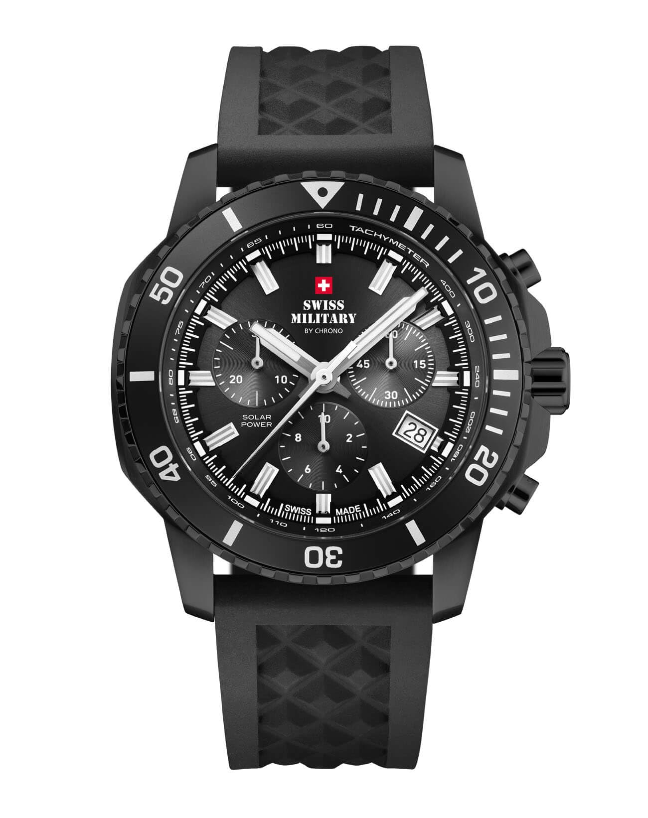 Swiss Military by Chrono Męski zegarek solarny chronograf mechanizm kwarcowy z bransoletką kauczukową analogowy zegarek męski zegarek na rękę czarny SMS34113.05