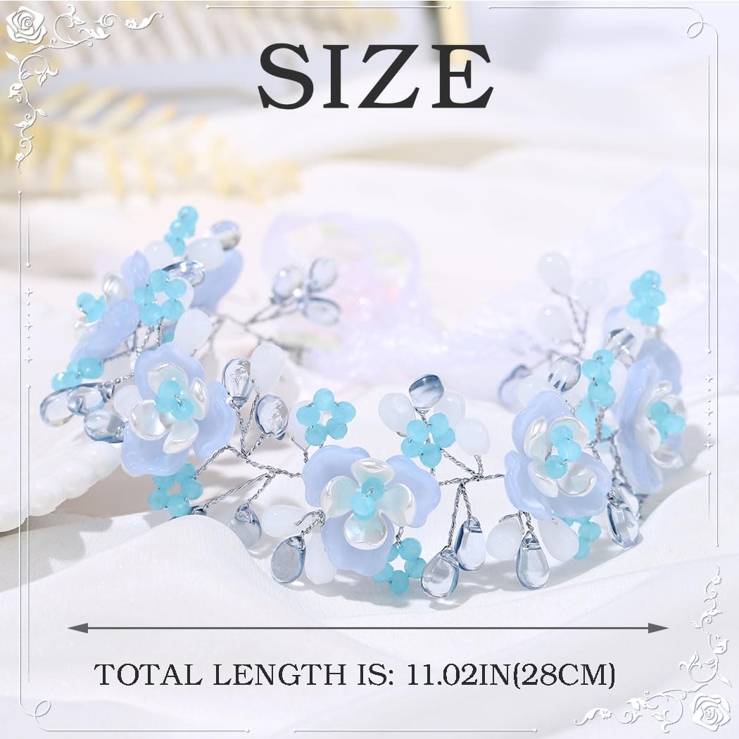 IYOU Fille de Fleur Serre-tête Bleu Fleuri Princesse Pièce de tête Cristal Communion Mariée Mariage Accessoires de Cheveux pour Filles