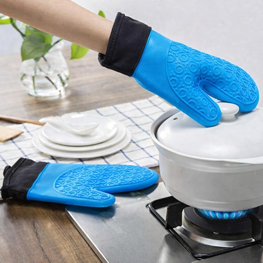 2PCS Blue Professional Extra Large Silicone Oven Mitts and Pot Holders Heat Resistant Kitchen Gloves Baking Mittens and BBQ Holders for Cooking Grilling and Baking