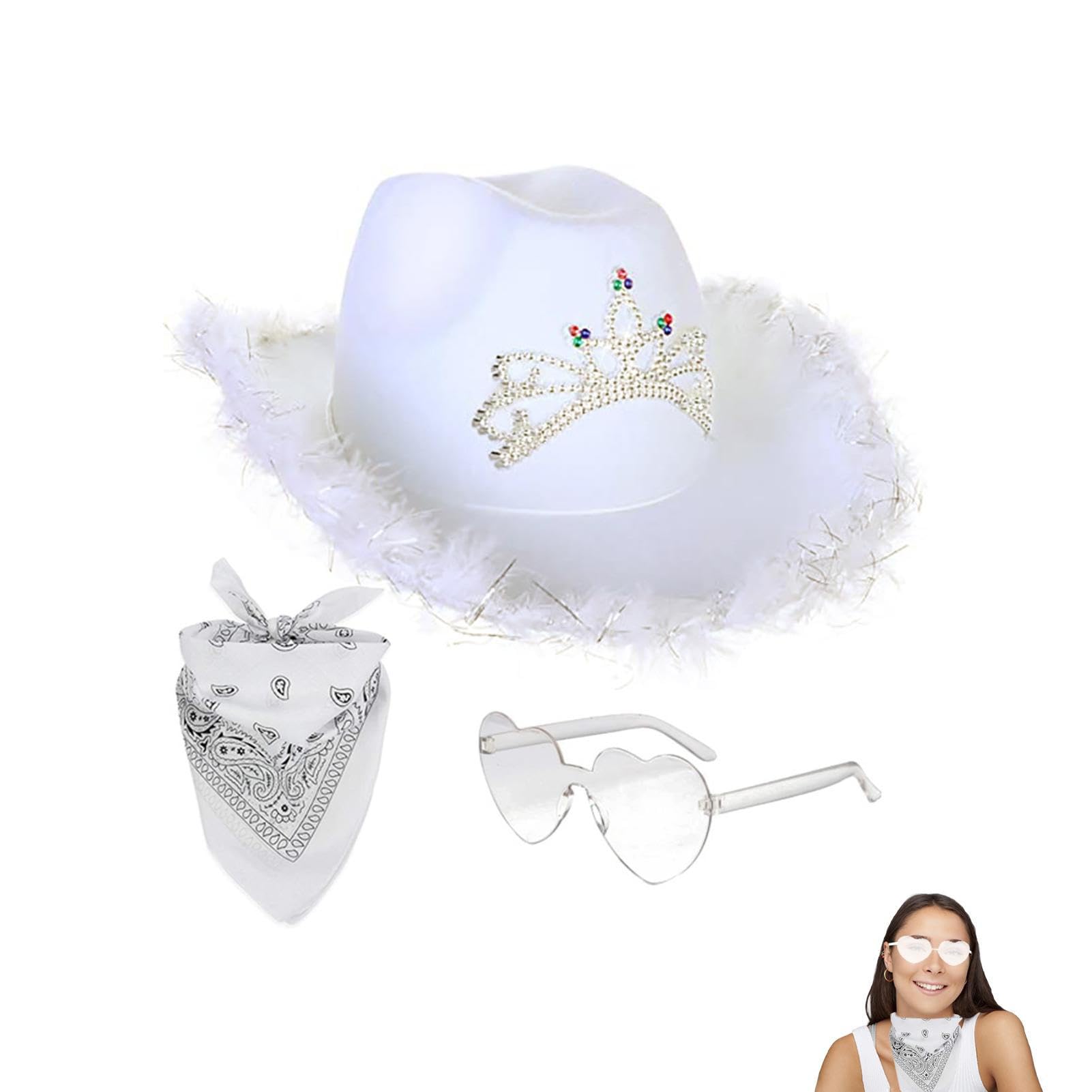 Xujuika Sombrero Cowgirl Plumas Mujer Y Niña, Gorro Va-quero Sombrero Cowboy Cowgirl De V-aquero+PañueloAlgodón+Gafa Corazones Para Despedida De Soltera, Disfraces De Halloween