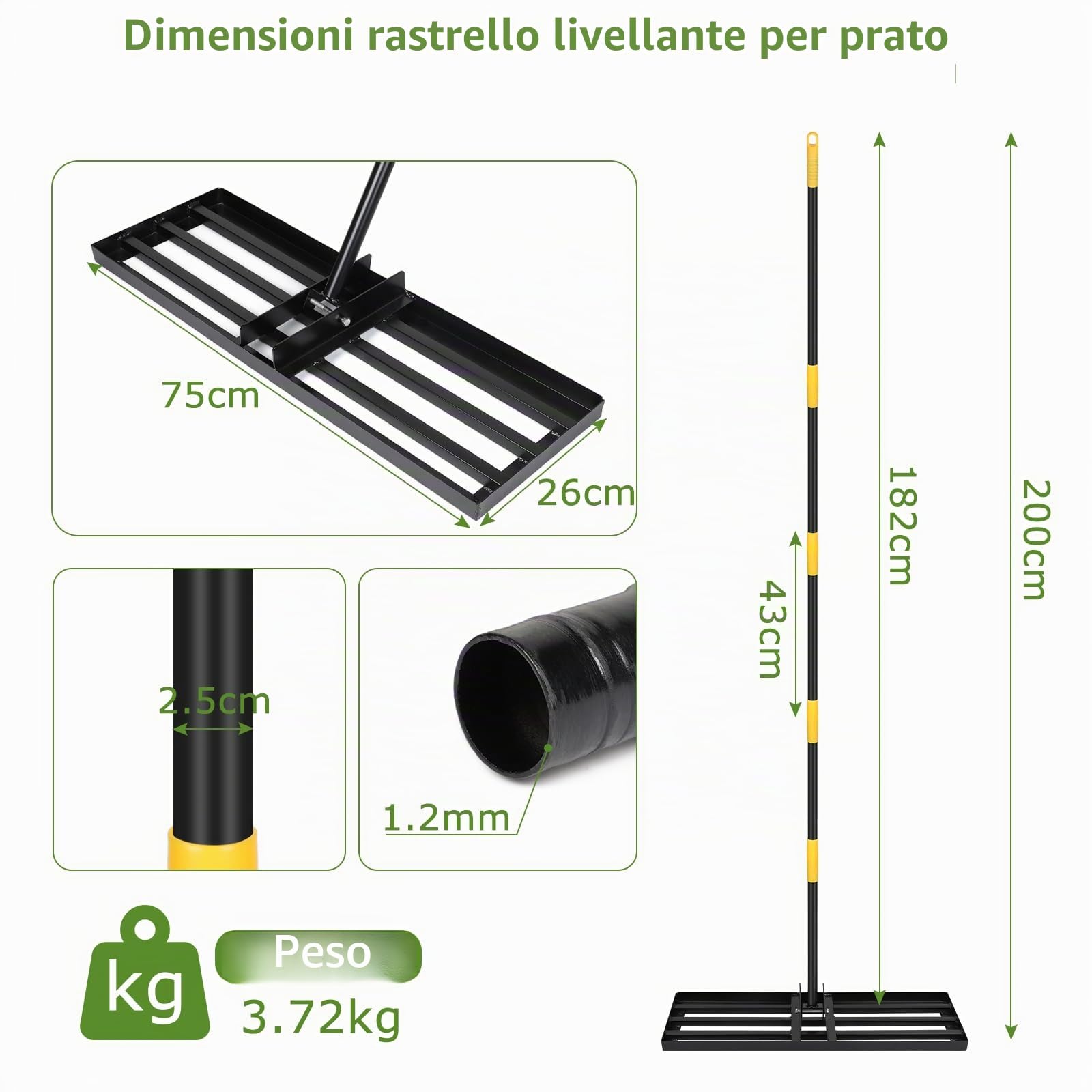 DBREAKS Rastrello Livellatore per Prato, 75 x 26 x 182 cm, Livellatore Prato in Acciaio inox, Rastrello per livellamento del Prato con Barra Regolabile e Manico in Antiscivolo, per Patii, Giardini